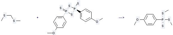 Bis(methylthio)methane can react with 2,4-bis-(4-methoxy-phenyl)-cyclodiphosphathiane 2,4-disulfide to get dimethyl-4-methoxyphenylphosphonotrithioate.